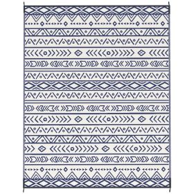 Reversible Outdoor Rug, Waterproof Plastic Straw with Carry Bag, 8' x 10', Blue & White Geometric