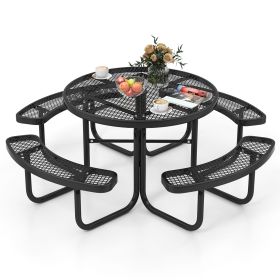 45 Inches Outdoor Round Picnic Table and Bench Set for 8 with Umbrella Hole